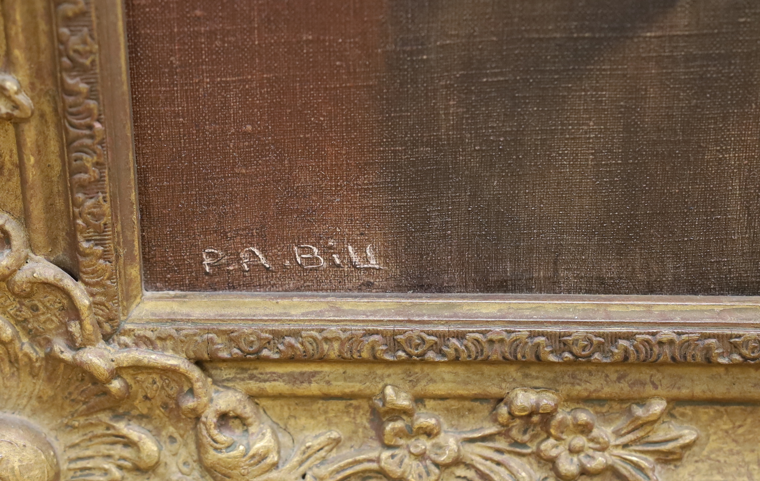 P.A. Bill, oil on canvas, Portrait of a gentleman playing a concertina, signed and inscribed ‘London’, 59 x 49cm